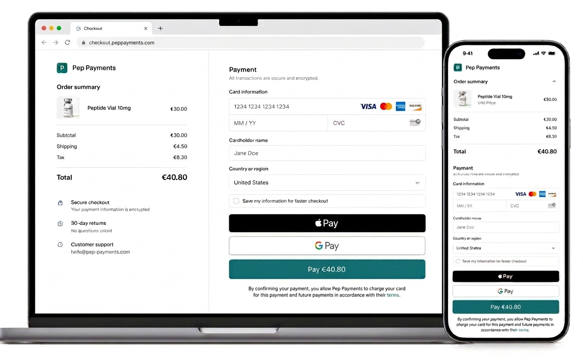Pep Payments checkout displayed on a laptop and phone